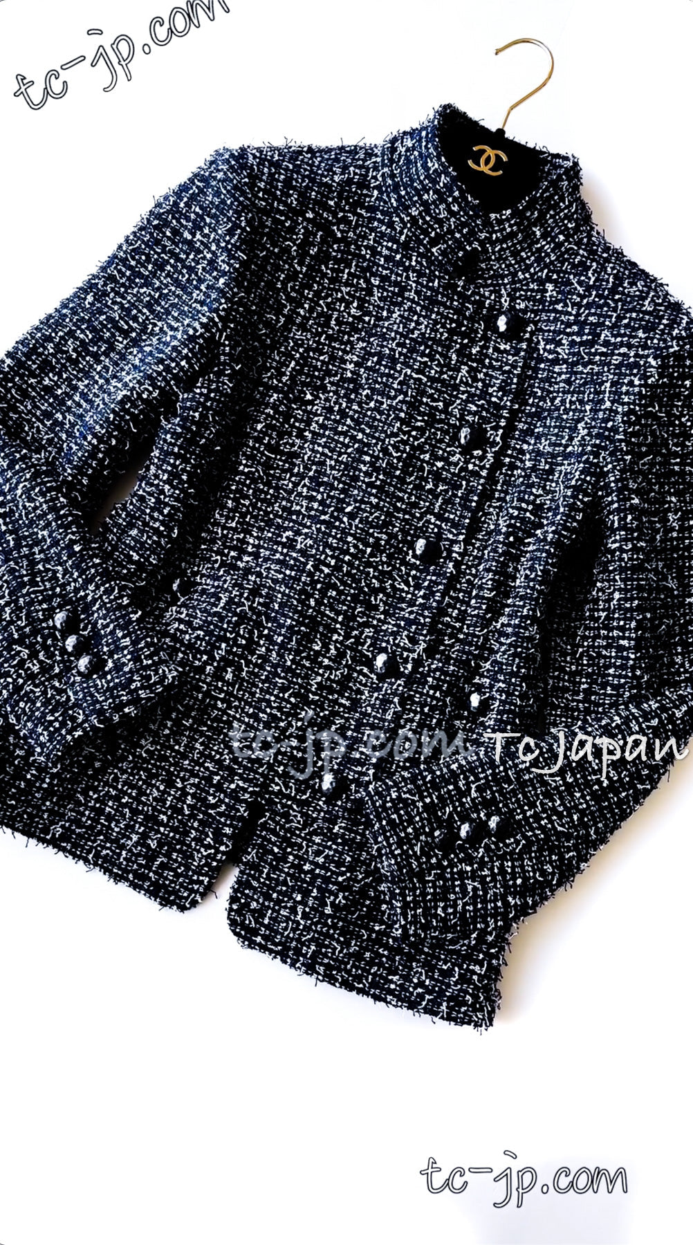 CHANEL 15S Navy Blue Stand Collar Zipper Tweed Jacket 38 40 シャネル ネイビー ブルー スタンド襟 ジッパー ツイード ジャケット 即発