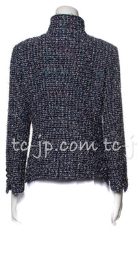 CHANEL 15S Navy Blue Stand Collar Zipper Tweed Jacket 38 40 シャネル ネイビー ブルー スタンド襟 ジッパー ツイード ジャケット 即発