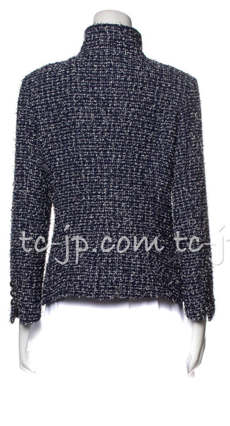 CHANEL 15S Navy Blue Stand Collar Zipper Tweed Jacket 38 40 シャネル ネイビー ブルー スタンド襟 ジッパー ツイード ジャケット 即発