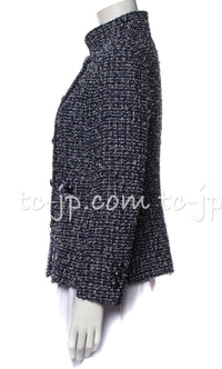 CHANEL 15S Navy Blue Stand Collar Zipper Tweed Jacket 38 40 シャネル ネイビー ブルー スタンド襟 ジッパー ツイード ジャケット 即発