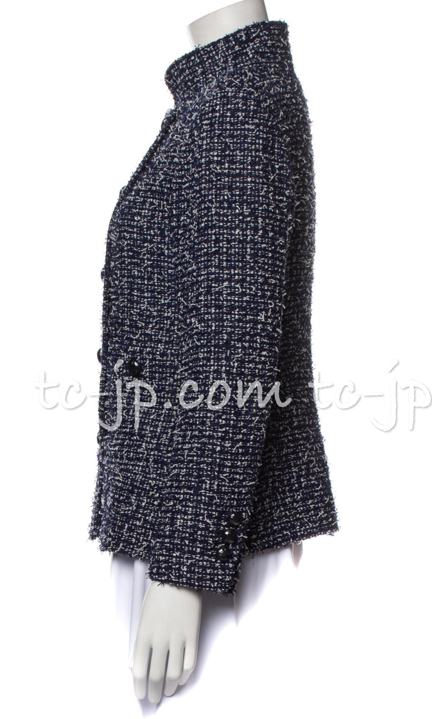 CHANEL 15S Navy Blue Stand Collar Zipper Tweed Jacket 38 40 シャネル ネイビー ブルー スタンド襟 ジッパー ツイード ジャケット 即発