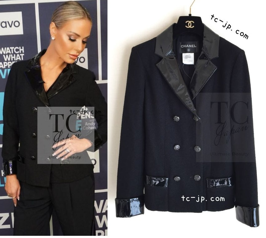 CHANEL 15A Black Wool Patent Leather Collar Jacket 36 38 シャネル ブラック ウール パテント レザー 襟 女優 パク シネ着 ジャケット 即発