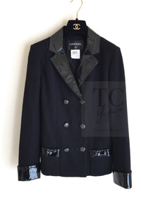 CHANEL 15A Black Wool Patent Leather Collar Jacket 36 38 シャネル ブラック ウール パテント レザー 襟 女優 パク シネ着 ジャケット 即発