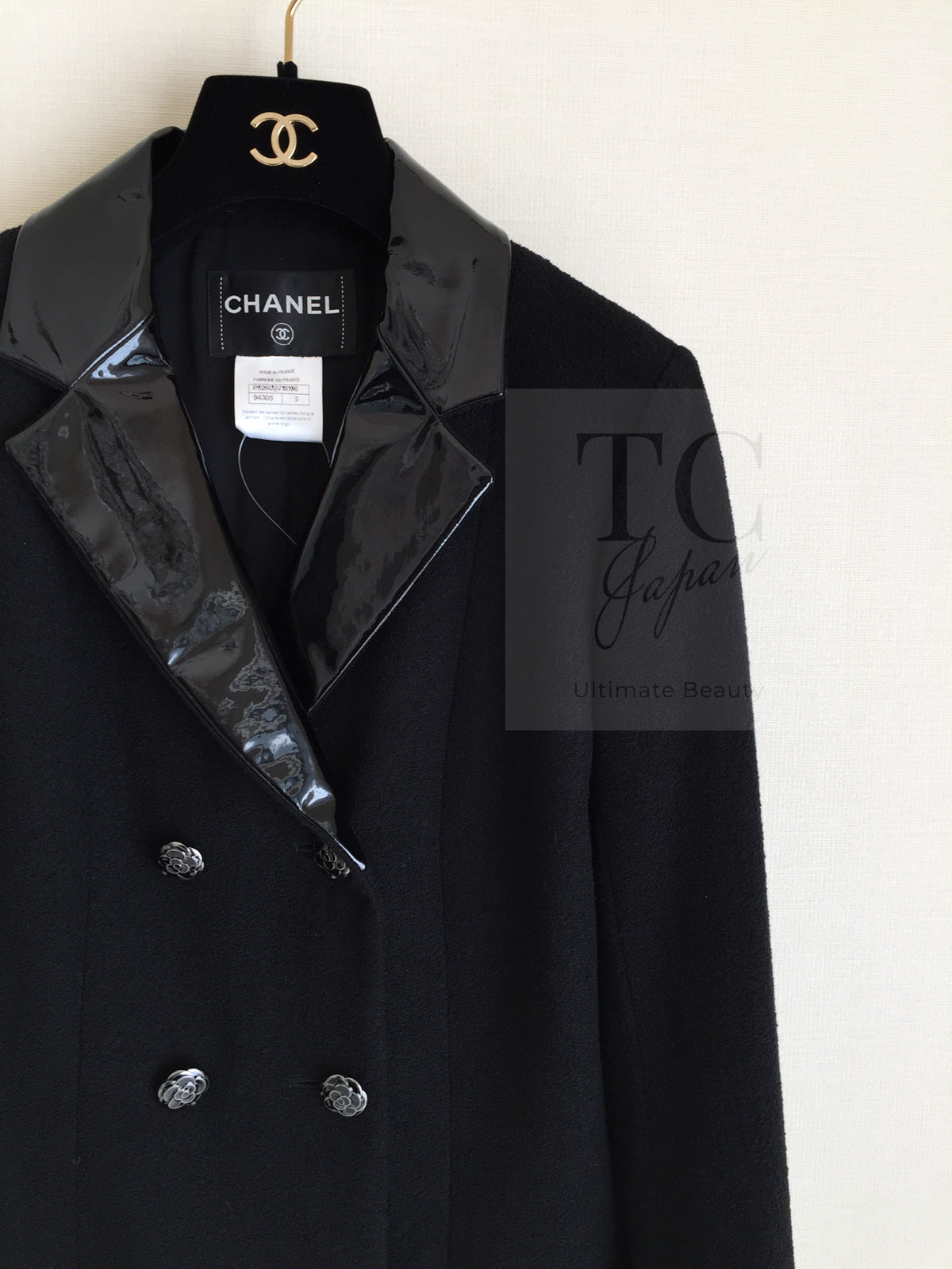 CHANEL 15A Black Wool Patent Leather Collar Jacket 36 38 シャネル ブラック ウール パテント レザー 襟 女優 パク シネ着 ジャケット 即発