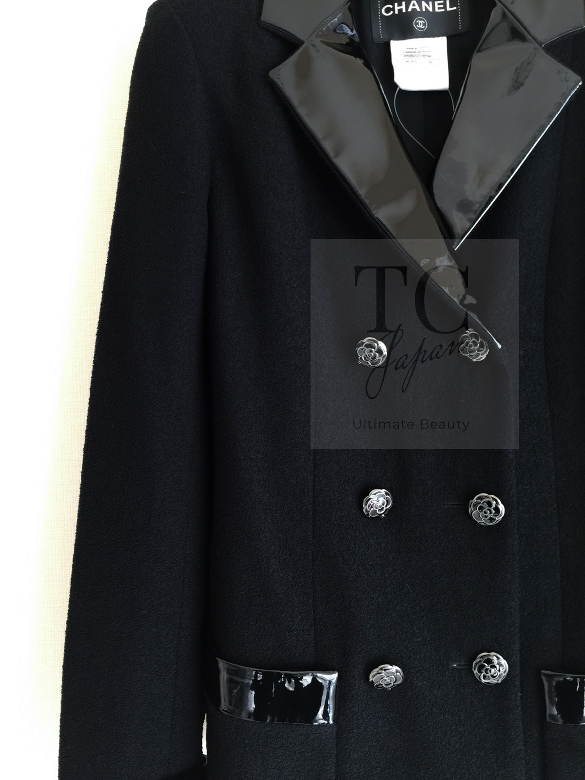 CHANEL 15A Black Wool Patent Leather Collar Jacket 36 38 シャネル ブラック ウール パテント レザー 襟 女優 パク シネ着 ジャケット 即発