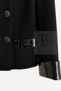 CHANEL 15A Black Wool Patent Leather Collar Jacket 36 38 シャネル ブラック ウール パテント レザー 襟 女優 パク シネ着 ジャケット 即発