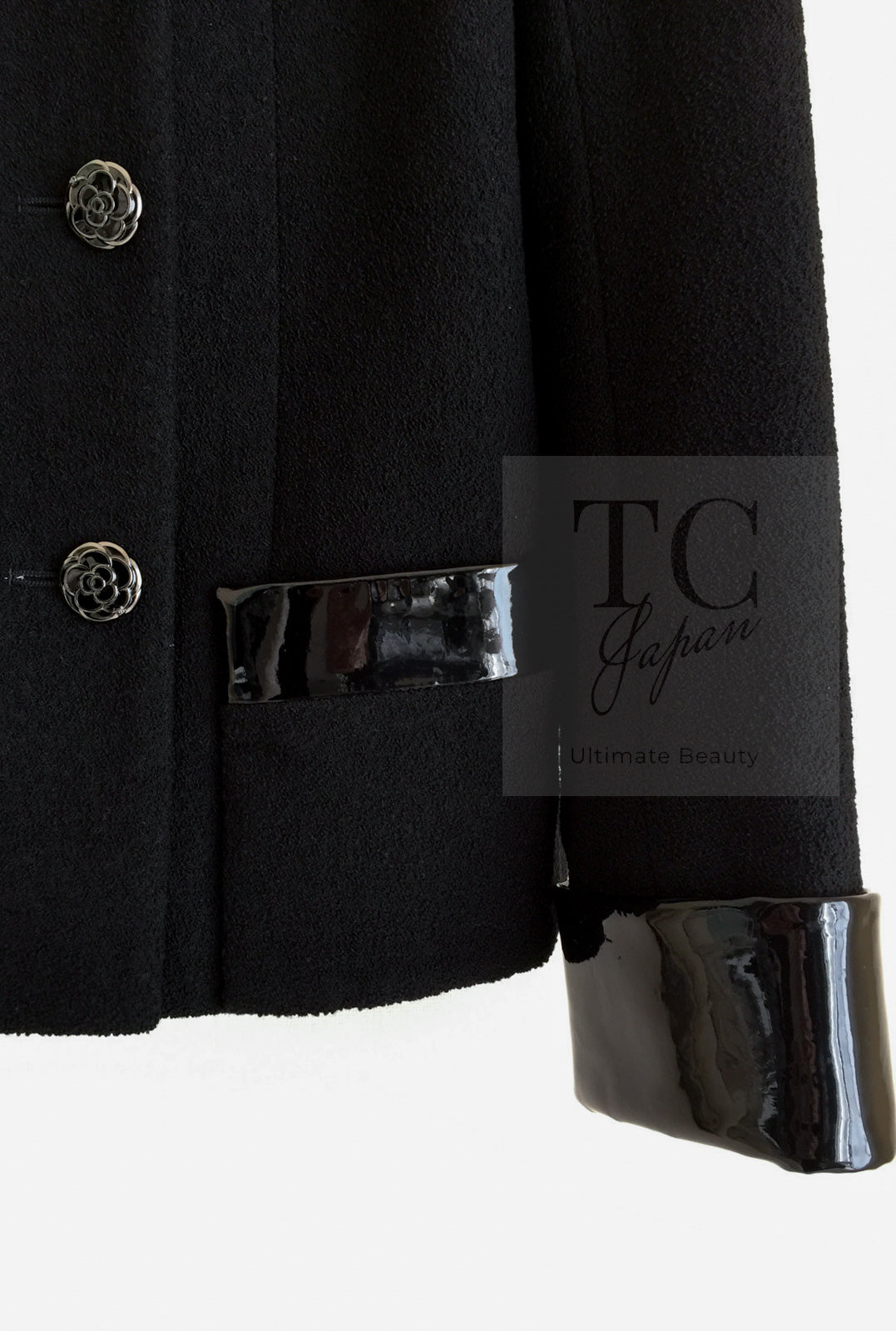 CHANEL 15A Black Wool Patent Leather Collar Jacket 36 38 シャネル ブラック ウール パテント レザー 襟 女優 パク シネ着 ジャケット 即発