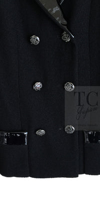 CHANEL 15A Black Wool Patent Leather Collar Jacket 36 38 シャネル ブラック ウール パテント レザー 襟 女優 パク シネ着 ジャケット 即発