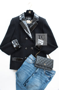 CHANEL 15A Black Wool Patent Leather Collar Jacket 36 38 シャネル ブラック ウール パテント レザー 襟 女優 パク シネ着 ジャケット 即発