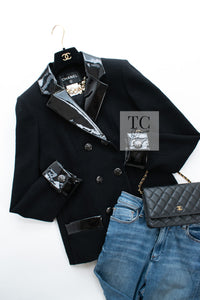 CHANEL 15A Black Wool Patent Leather Collar Jacket 36 38 シャネル ブラック ウール パテント レザー 襟 女優 パク シネ着 ジャケット 即発