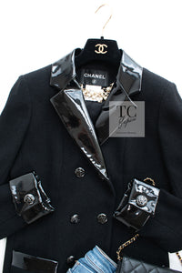 CHANEL 15A Black Wool Patent Leather Collar Jacket 36 38 シャネル ブラック ウール パテント レザー 襟 女優 パク シネ着 ジャケット 即発