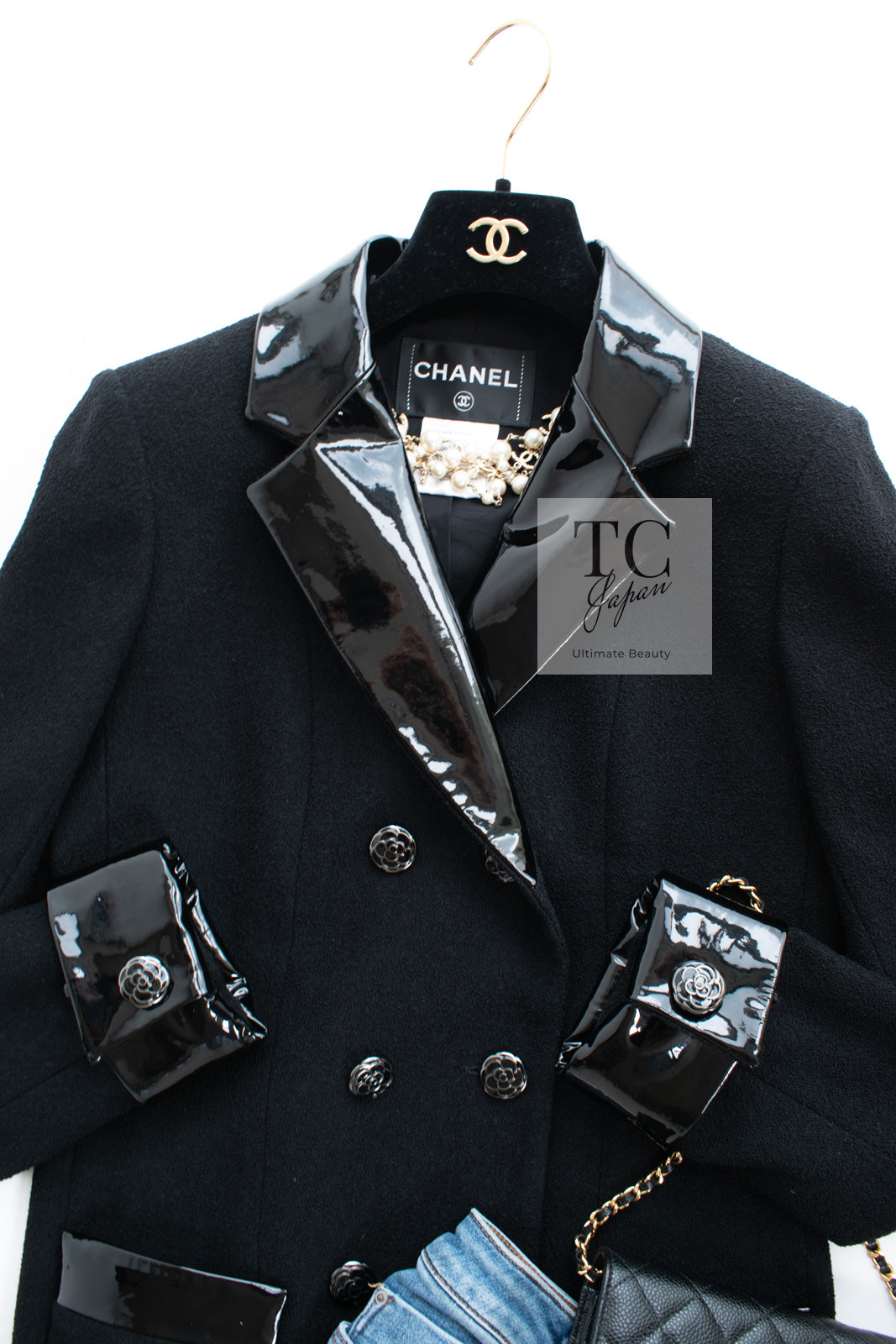 CHANEL 15A Black Wool Patent Leather Collar Jacket 36 38 シャネル ブラック ウール パテント レザー 襟 女優 パク シネ着 ジャケット 即発