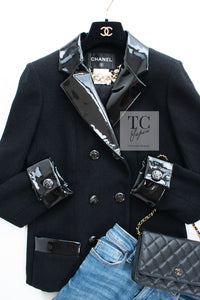 CHANEL 15A Black Wool Patent Leather Collar Jacket 36 38 シャネル ブラック ウール パテント レザー 襟 女優 パク シネ着 ジャケット 即発