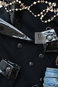 CHANEL 15A Black Wool Patent Leather Collar Jacket 36 38 シャネル ブラック ウール パテント レザー 襟 女優 パク シネ着 ジャケット 即発