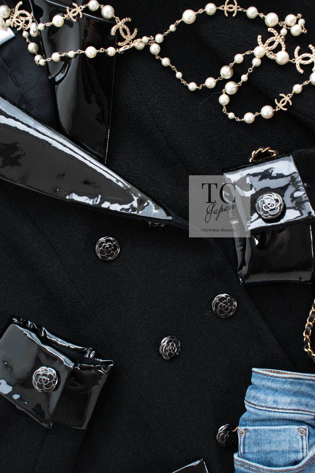 CHANEL 15A Black Wool Patent Leather Collar Jacket 36 38 シャネル ブラック ウール パテント レザー 襟 女優 パク シネ着 ジャケット 即発