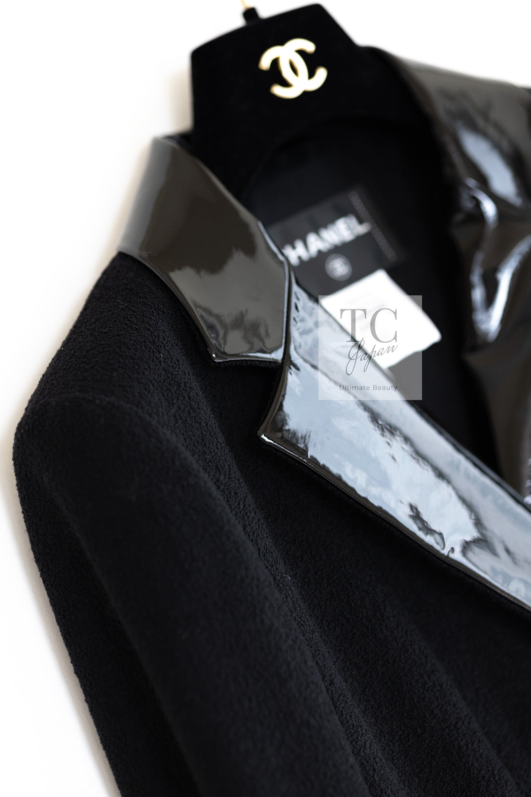 CHANEL 15A Black Wool Patent Leather Collar Jacket 36 38 シャネル ブラック ウール パテント レザー 襟 女優 パク シネ着 ジャケット 即発