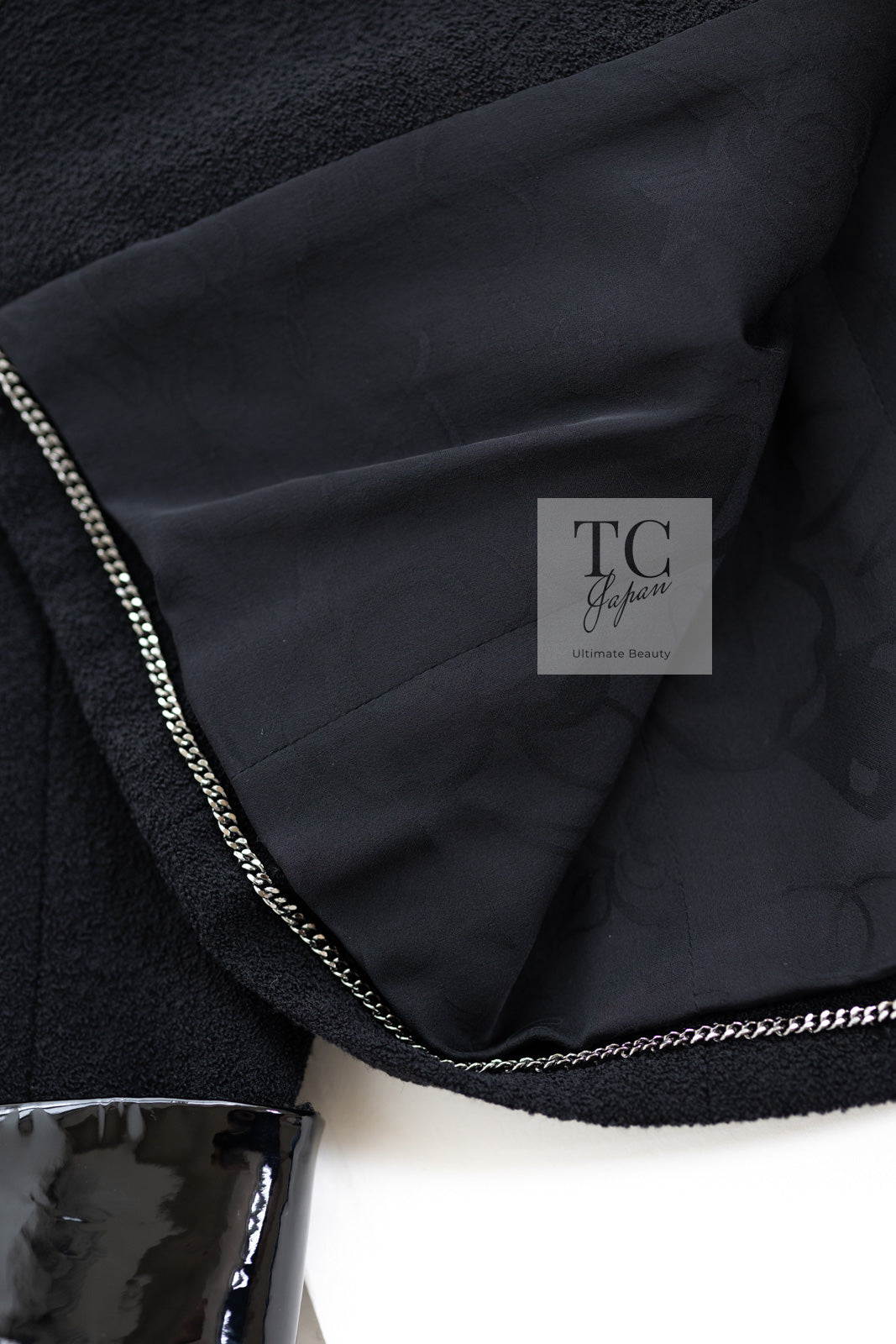 CHANEL 15A Black Wool Patent Leather Collar Jacket 36 38 シャネル ブラック ウール パテント レザー 襟 女優 パク シネ着 ジャケット 即発