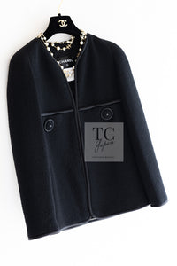 CHANEL 15B Black Wool Piping Collarless Jacket 34 36 38 シャネル ブラック ウール パイピング ノーカラー ジャケット 即発