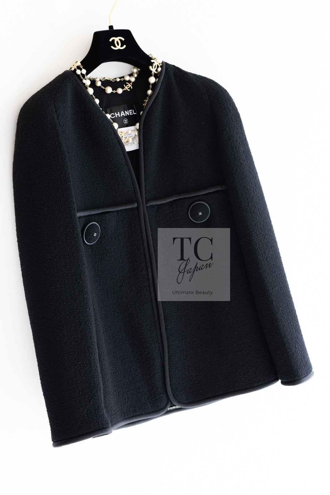 CHANEL 15B Black Wool Piping Collarless Jacket 34 36 38 シャネル ブラック ウール パイピング ノーカラー ジャケット 即発