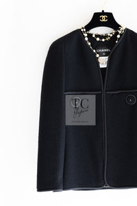 CHANEL 15B Black Wool Piping Collarless Jacket 34 36 38 シャネル ブラック ウール パイピング ノーカラー ジャケット 即発