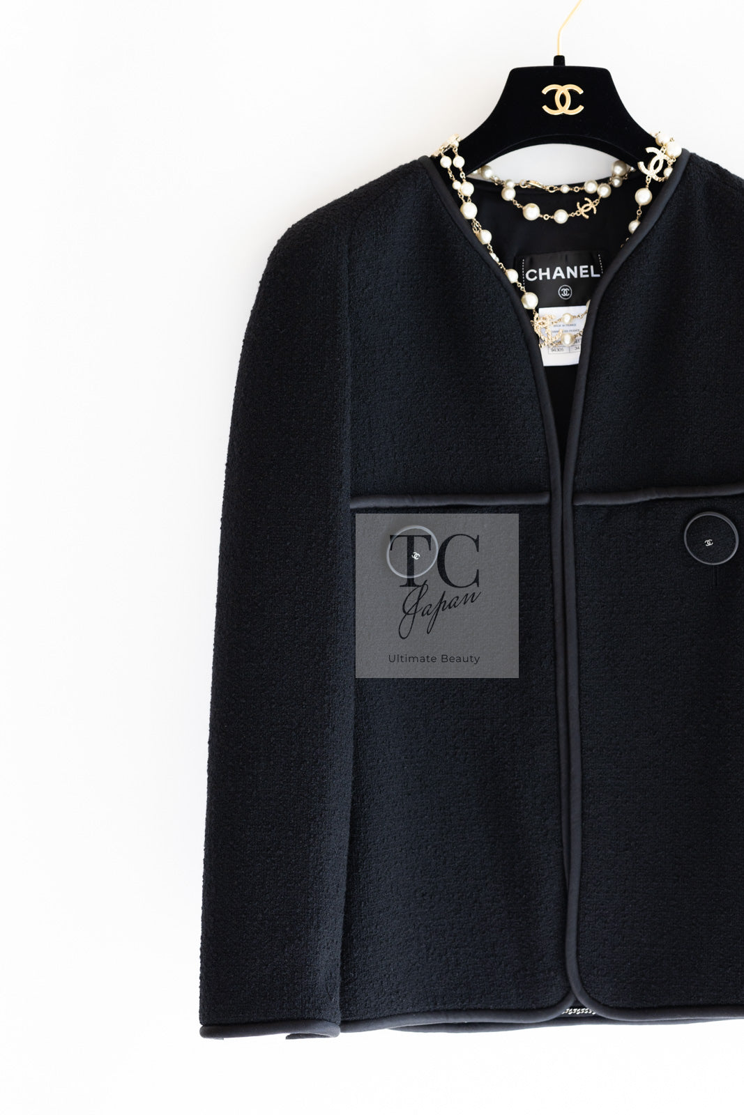 CHANEL 15B Black Wool Piping Collarless Jacket 34 36 38 シャネル ブラック ウール パイピング ノーカラー ジャケット 即発
