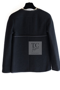 CHANEL 15B Black Wool Piping Collarless Jacket 34 36 38 シャネル ブラック ウール パイピング ノーカラー ジャケット 即発