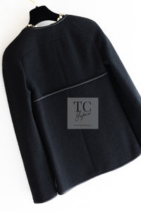 CHANEL 15B Black Wool Piping Collarless Jacket 34 36 38 シャネル ブラック ウール パイピング ノーカラー ジャケット 即発