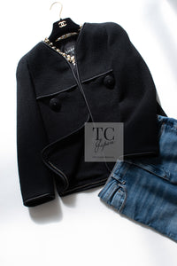 CHANEL 15B Black Wool Piping Collarless Jacket 34 36 38 シャネル ブラック ウール パイピング ノーカラー ジャケット 即発
