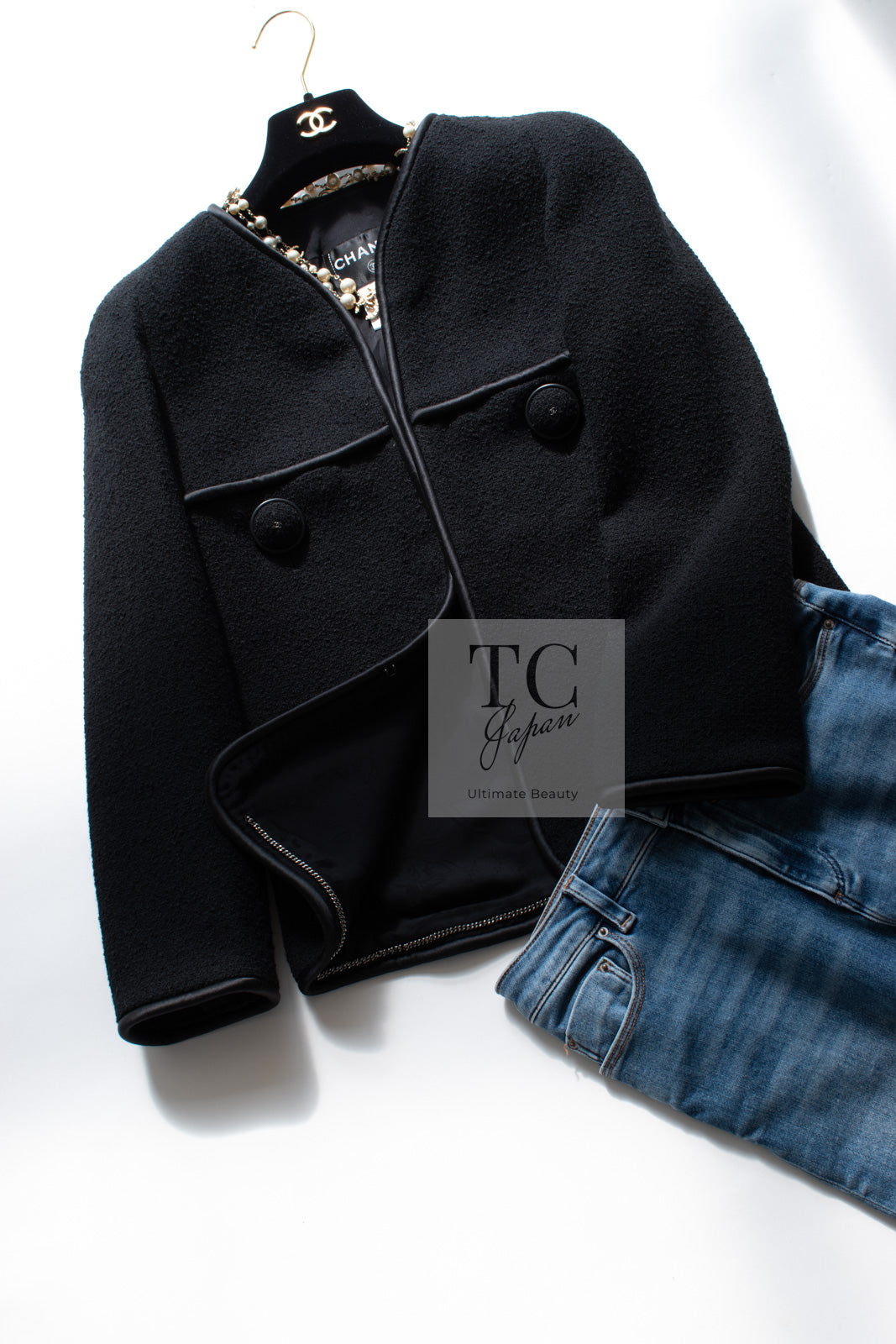 CHANEL 15B Black Wool Piping Collarless Jacket 34 36 38 シャネル ブラック ウール パイピング ノーカラー ジャケット 即発