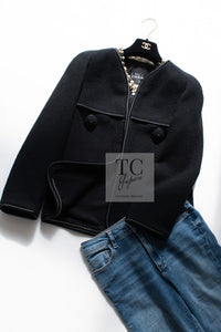 CHANEL 15B Black Wool Piping Collarless Jacket 34 36 38 シャネル ブラック ウール パイピング ノーカラー ジャケット 即発