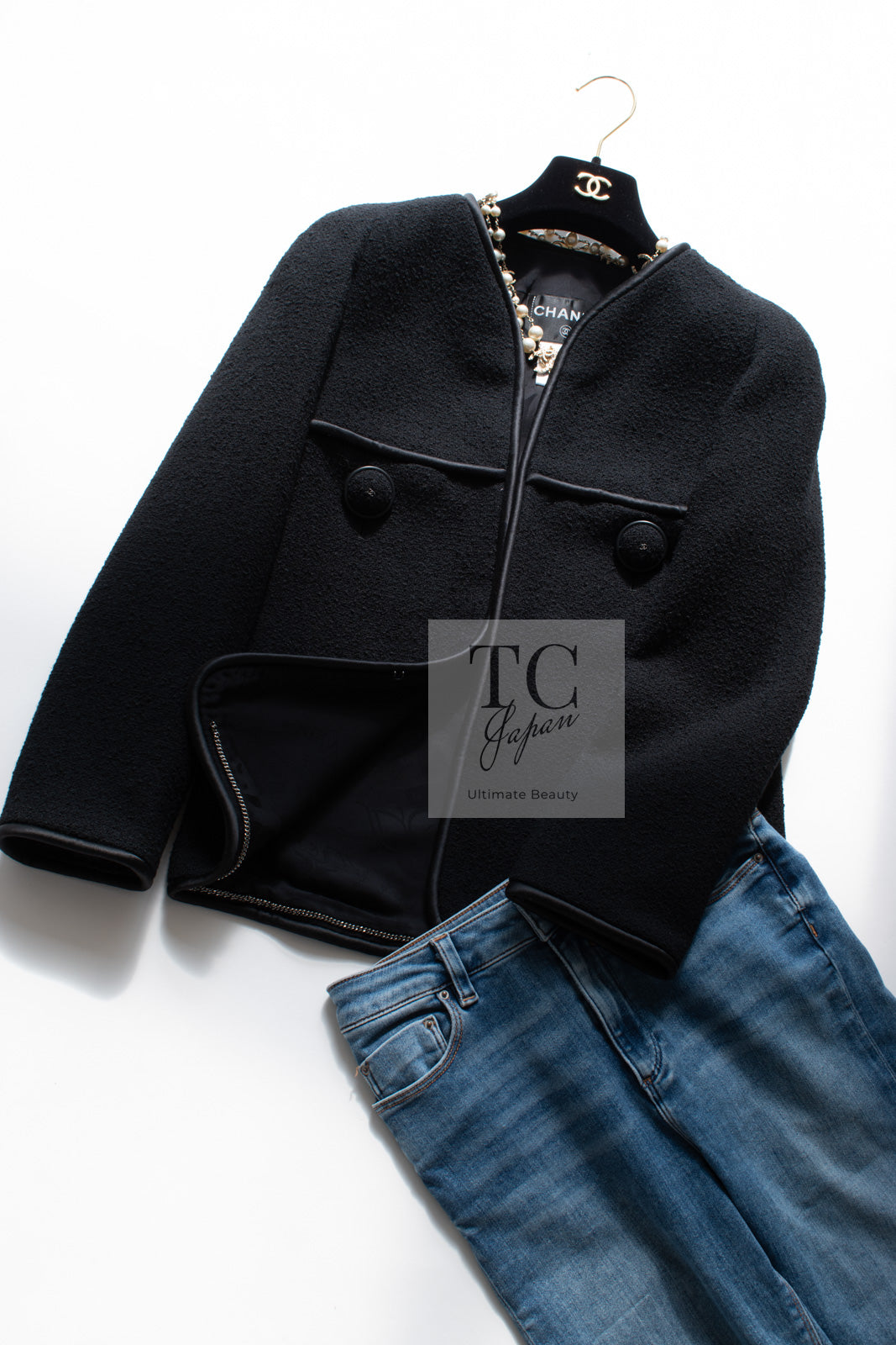 CHANEL 15B Black Wool Piping Collarless Jacket 34 36 38 シャネル ブラック ウール パイピング ノーカラー ジャケット 即発