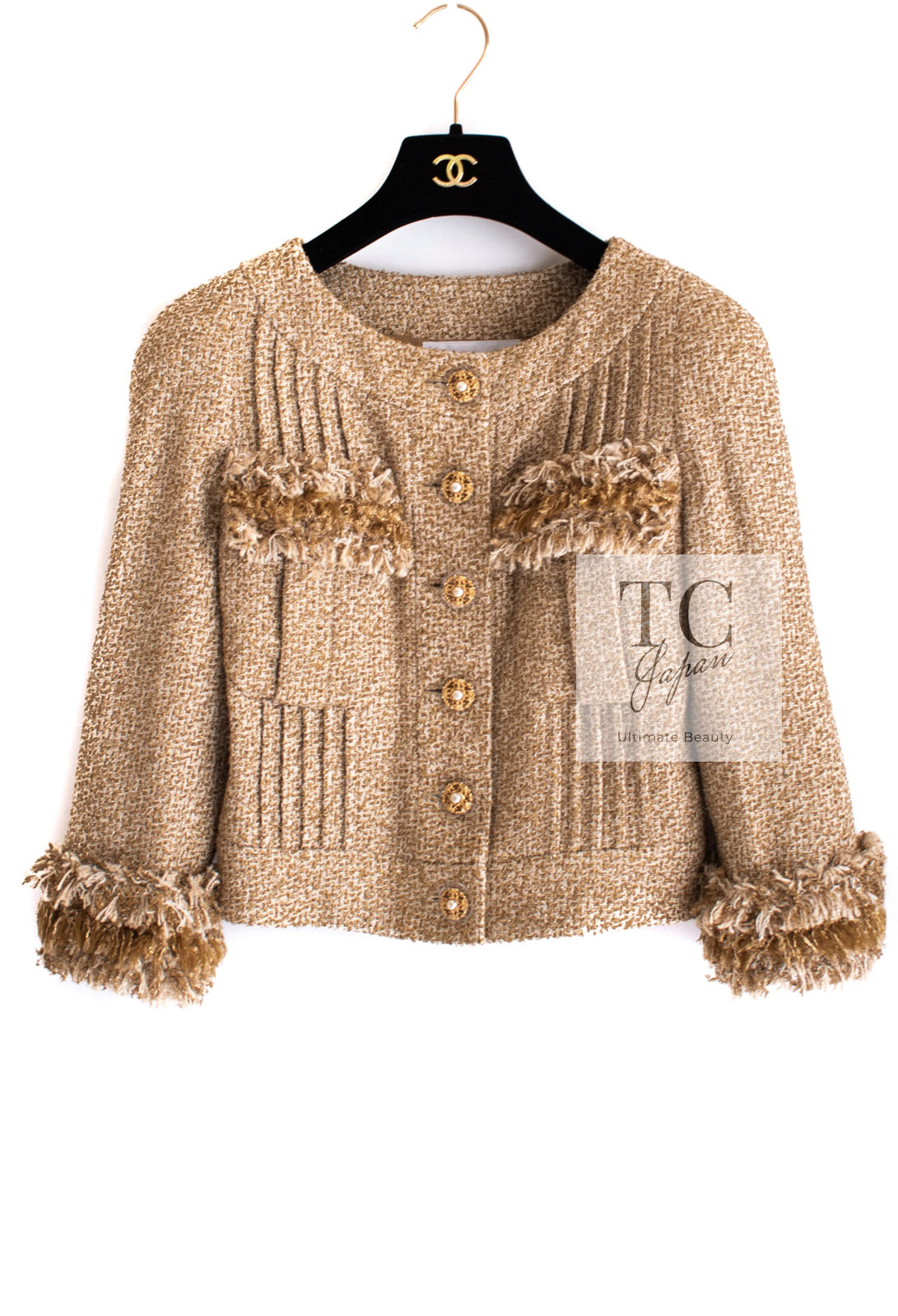 CHANEL 13C Gold Silk Fringe Collarless Tweed Jacket Skirt Suit 38 シャネル ゴールド シルク フリンジ ノーカラー ツイード ジャケット スカート スーツ 即発