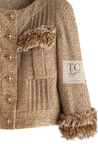 CHANEL 13C Gold Silk Fringe Collarless Tweed Jacket Skirt Suit 38 シャネル ゴールド シルク フリンジ ノーカラー ツイード ジャケット スカート スーツ 即発