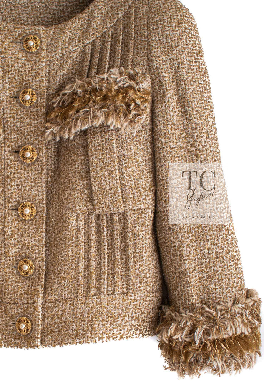 CHANEL 13C Gold Silk Fringe Collarless Tweed Jacket Skirt Suit 38 シャネル ゴールド シルク フリンジ ノーカラー ツイード ジャケット スカート スーツ 即発