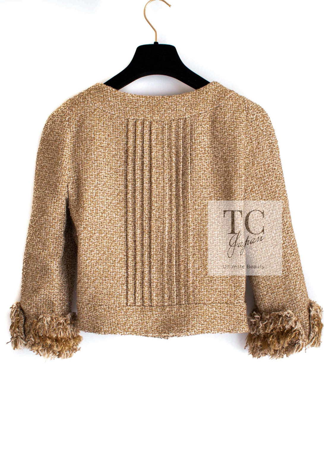 CHANEL 13C Gold Silk Fringe Collarless Tweed Jacket Skirt Suit 38 シャネル ゴールド シルク フリンジ ノーカラー ツイード ジャケット スカート スーツ 即発