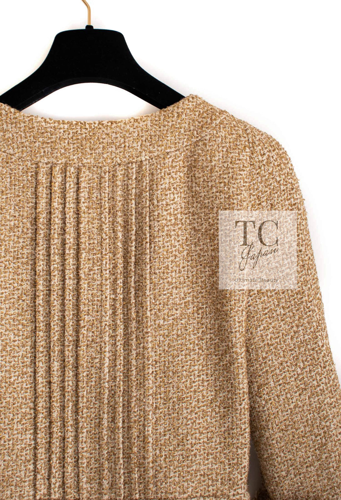 CHANEL 13C Gold Silk Fringe Collarless Tweed Jacket Skirt Suit 38 シャネル ゴールド シルク フリンジ ノーカラー ツイード ジャケット スカート スーツ 即発