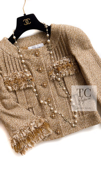 CHANEL 13C Gold Silk Fringe Collarless Tweed Jacket Skirt Suit 38 シャネル ゴールド シルク フリンジ ノーカラー ツイード ジャケット スカート スーツ 即発