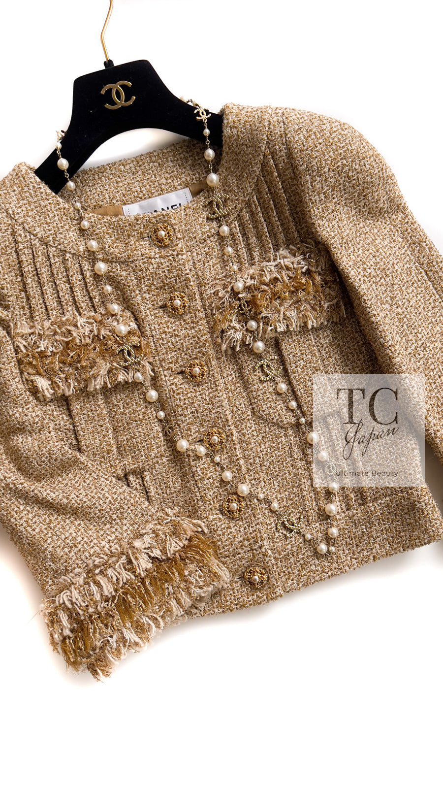 CHANEL 13C Gold Silk Fringe Collarless Tweed Jacket Skirt Suit 38 シャネル ゴールド シルク フリンジ ノーカラー ツイード ジャケット スカート スーツ 即発
