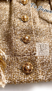 CHANEL 13C Gold Silk Fringe Collarless Tweed Jacket Skirt Suit 38 シャネル ゴールド シルク フリンジ ノーカラー ツイード ジャケット スカート スーツ 即発
