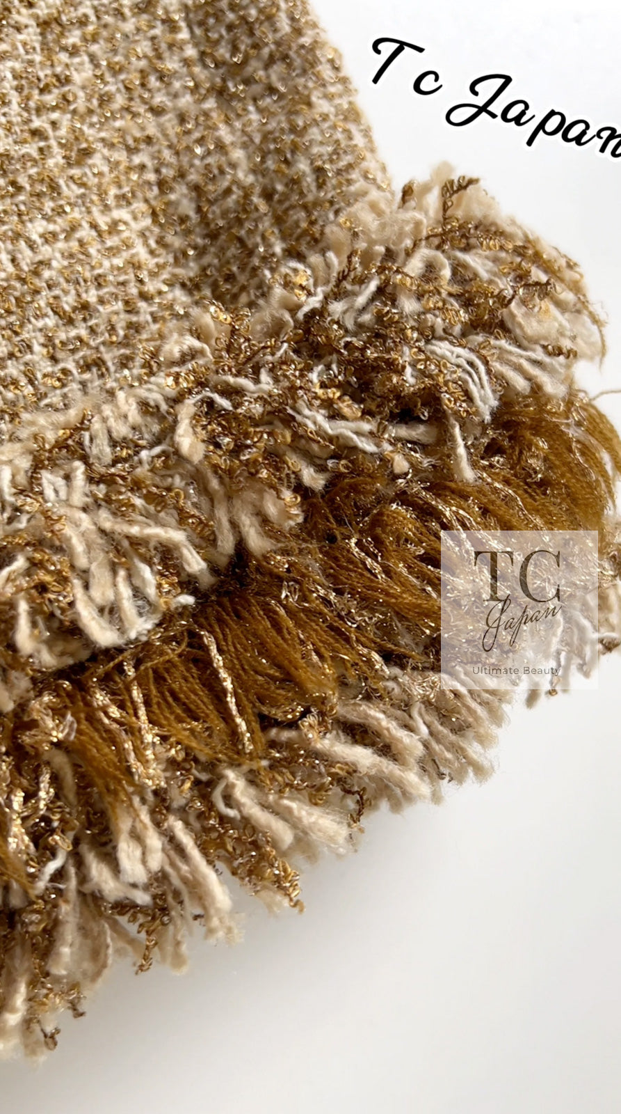 CHANEL 13C Gold Silk Fringe Collarless Tweed Jacket Skirt Suit 38 シャネル ゴールド シルク フリンジ ノーカラー ツイード ジャケット スカート スーツ 即発