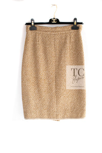 CHANEL 13C Gold Silk Fringe Collarless Tweed Jacket Skirt Suit 38 シャネル ゴールド シルク フリンジ ノーカラー ツイード ジャケット スカート スーツ 即発