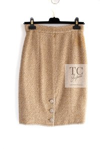 CHANEL 13C Gold Silk Fringe Collarless Tweed Jacket Skirt Suit 38 シャネル ゴールド シルク フリンジ ノーカラー ツイード ジャケット スカート スーツ 即発