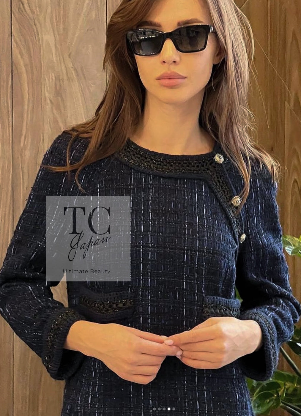 CHANEL 10PF Navy Black Cotton Silk Tweed Jacket Stand Collar 36 シャネル ネイビー ブラック コットン シルク ツイード ジャケット スタンド カラー 即発