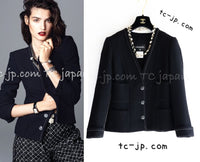 CHANEL 15A Black White Stitch Camellia Button Wool Tweed Jacket 34 シャネル ブラック ホワイト ステッチ カメリア ボタン ウール ツイード ジャケット 即発