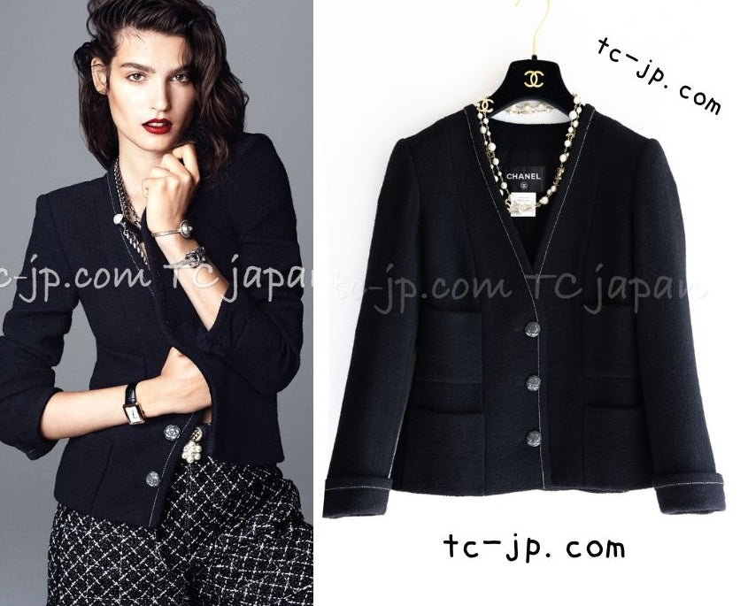 CHANEL 15A Black White Stitch Camellia Button Wool Tweed Jacket 34 シャネル ブラック ホワイト ステッチ カメリア ボタン ウール ツイード ジャケット 即発