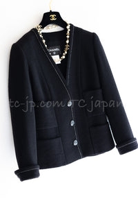 CHANEL 15A Black White Stitch Camellia Button Wool Tweed Jacket 34 シャネル ブラック ホワイト ステッチ カメリア ボタン ウール ツイード ジャケット 即発