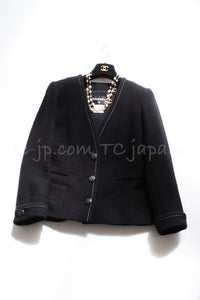 CHANEL 15A Black White Stitch Camellia Button Wool Tweed Jacket 42 シャネル ブラック ホワイト ステッチ カメリア ボタン ウール ツイード ジャケット 即発