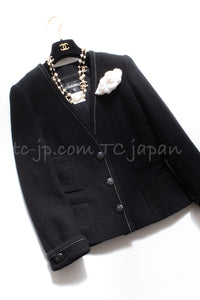 CHANEL 15A Black White Stitch Camellia Button Wool Tweed Jacket 34 シャネル ブラック ホワイト ステッチ カメリア ボタン ウール ツイード ジャケット 即発