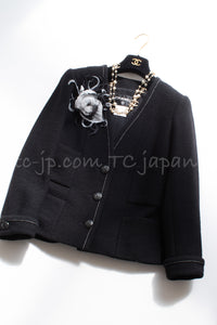CHANEL 15A Black White Stitch Camellia Button Wool Tweed Jacket 34 シャネル ブラック ホワイト ステッチ カメリア ボタン ウール ツイード ジャケット 即発