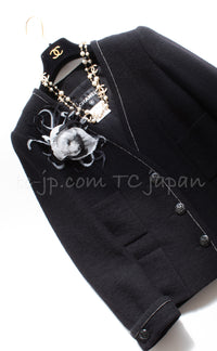 CHANEL 15A Black White Stitch Camellia Button Wool Tweed Jacket 34 シャネル ブラック ホワイト ステッチ カメリア ボタン ウール ツイード ジャケット 即発